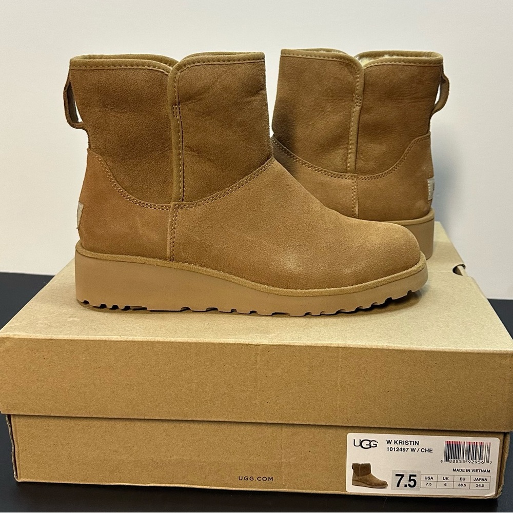 UGG Kristin Wedge Ankle Boots Chestnut Suede Shearling Size 7.5 w/ Box
